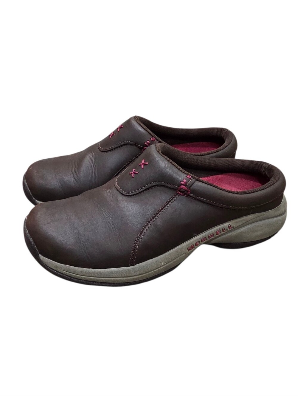 MERRELL Jungle Moc Brown Leather Slip On Clogs Mules Brown Pink Shoes Size 7